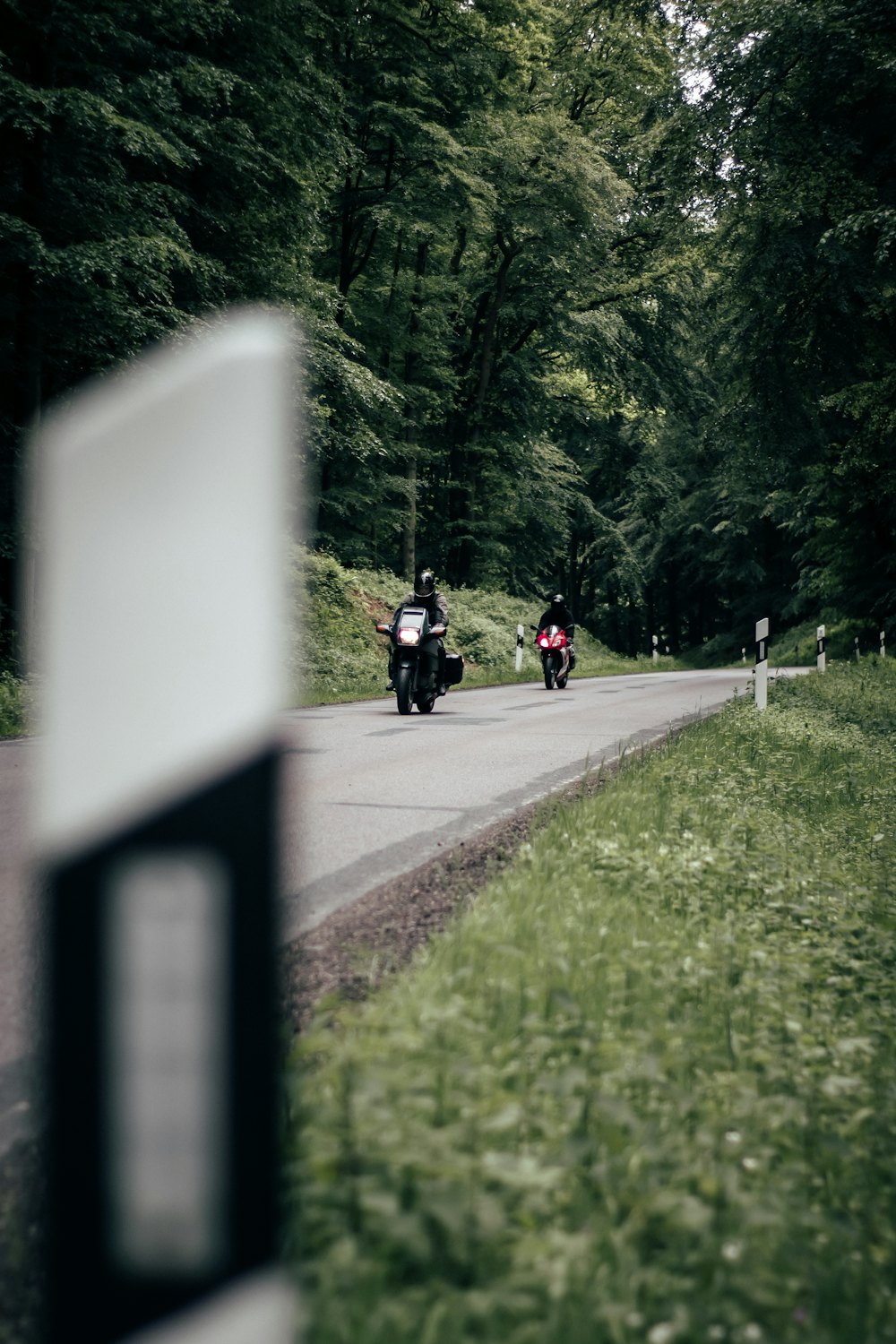 Zwei Motorräder auf einer Landstraße durch den Wald, vorn ein Leitpfosten